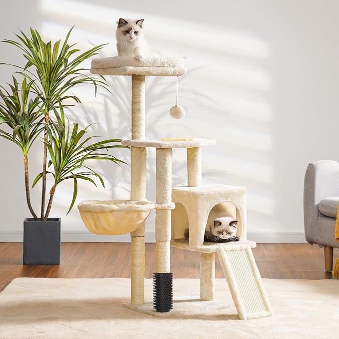 Heybly Cat Tree with Cat Self Groomer Brush, Cat Tower Condo for Indoor Cats with Padded Plush Perch,Cat House with Basket Scratching Board Post, Beige HCT005SM