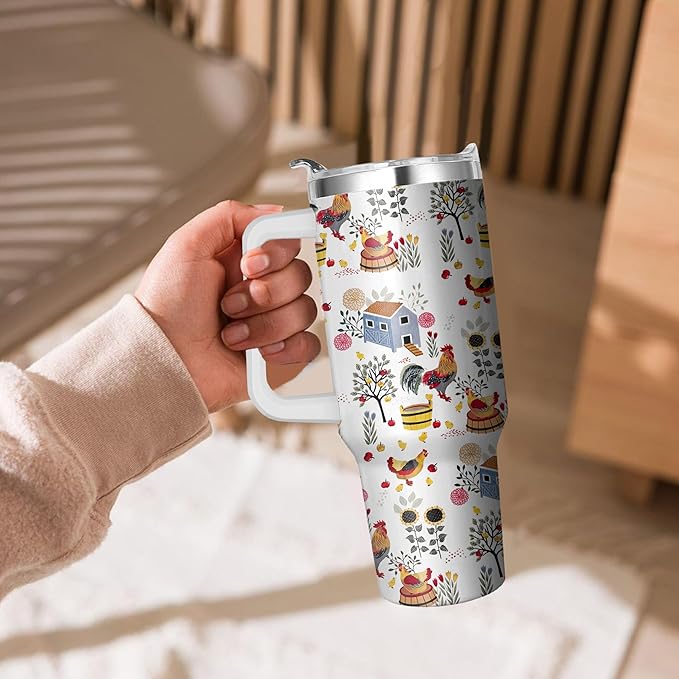 40 Oz Chicken Tumbler with Handle and Straw, Double Wall Stainless Steelchicken Mugs, Insulated Rooster Cup Gifts for Chicken Lovers Women, Chicken Travel Mug Chicken Gifts for Women