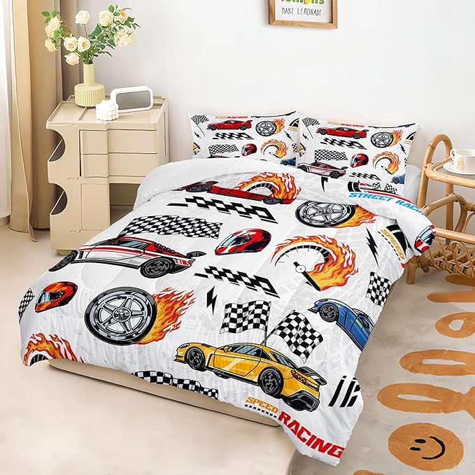 AILONEN Kids Racing Car Comforter Set Queen Size,Vehicles Construction Truck Bedding Set for Boys Teen,3 Piece Soft Duvet with 2 Pillowcases
