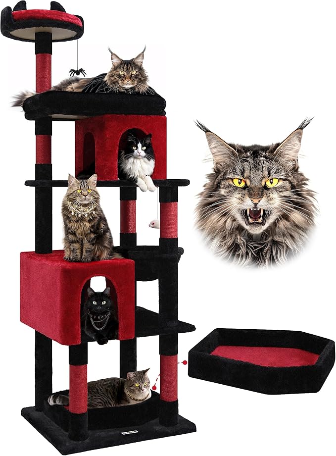 S72 Heavy Duty Gothic Cat Tree, 72in Large Cat Tower with Coffin Bed, Sturdy Maine Coon Cat Tree for Large Cats 20 lbs+, Medieval Castle Style with 6 Scratching Posts & Hammock, Black & Red