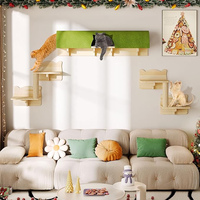 DWVO Solid Wood Cat Wall Shelves and Perches for Wall, Pine Wooden Wall Mounted Cat Furniture, Set of 7 Cat Climbing Shelves with Wall Steps, Scratching Post and Cat Tunnel