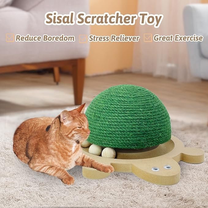 Fhiny Cats Scratching Ball, Natural Sisal Scratching Toy with Roller Track Toys and Wooden Base Kitten Turtle Shape Scratch Post for Indoor Cats Interactive Training Exercise Scratcher for Small Pets