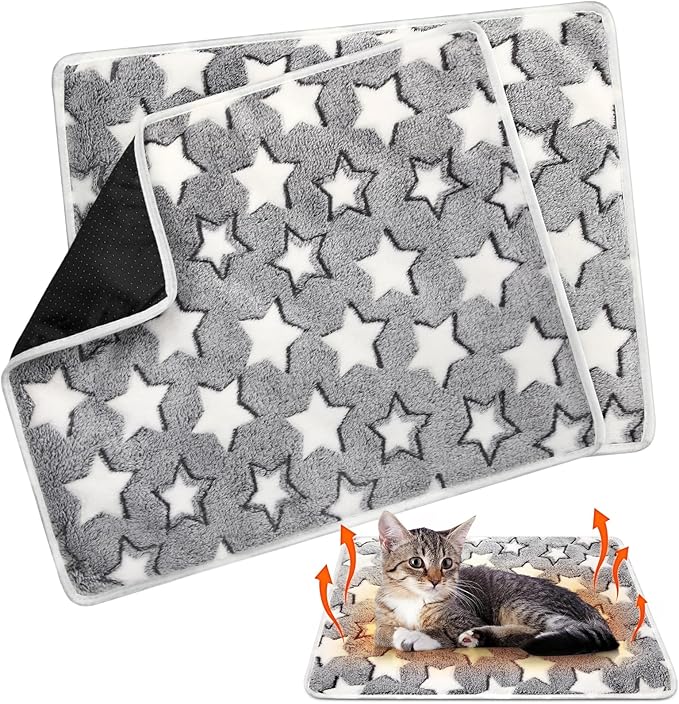 2 Pack Self Warming Cat Bed Pet Self Heating Pad Cat Warming Bed Mat 16 x 20 Inch Thermal Cat Mat Washable Reflects Body Heat Removable Cover for Indoor Outdoor Feral Pet (Gray White Star)