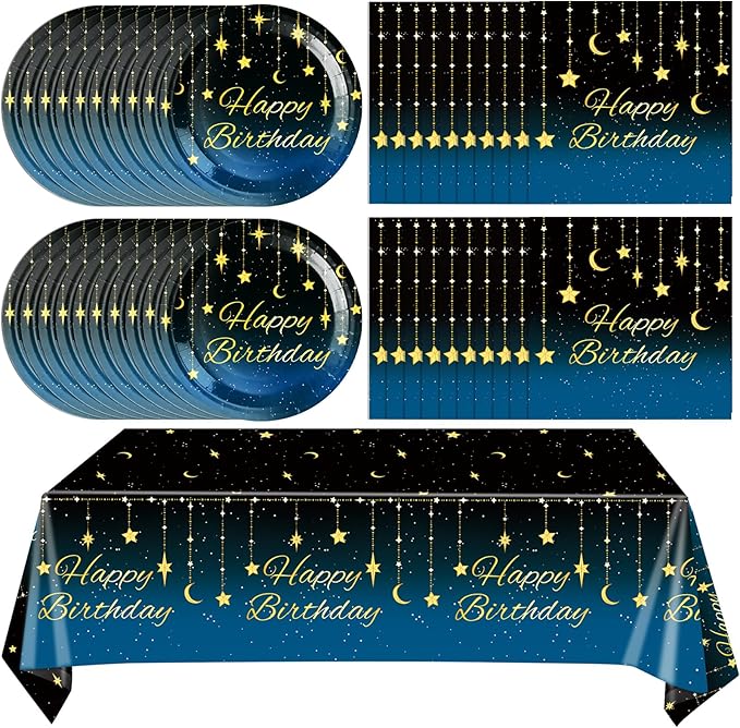 41Pcs Happy Birthday Party Decorations, Galaxy Night Party Tableware Set Includes 20 Plate 20 Napkins and 1 Tablecloth, Blue Starry Sky Birthday Theme Party Supplies for Mens Women Party Favors