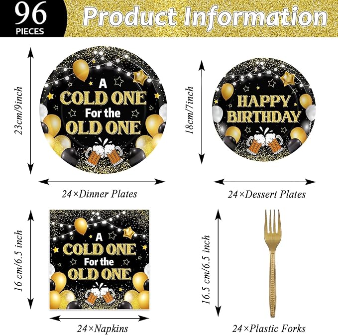 96 Pcs A Cold One for The Old One Party Decorations Black Gold Tableware Set for Men Party Favor Cheers Birthday Party Plates and Napkins for 30th 40th 50th Dinnerware Supplies for 24 Guests