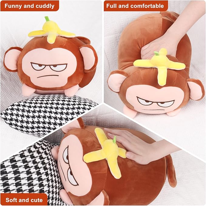 Achwishap Banana Monkey Plush Pillow,Monkey Stuffed Animal Plushy Toy,Cute Plushie Banana Monkey Kawaii Plushie,Lovely Monkey Hugging Pillow for Gifts Girls Boys(14”Brown)