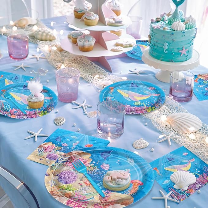96PCS Under the Sea Party Decorations Ocean Sea Birthday Tableware Underwater World Paper Plates Ocean Animal Plates Napkins Dinnerware for Baby Shower Party Supplies, Serves 24