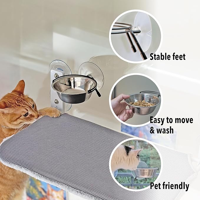 Meeyoview Cat Window Perch, Foldable Cat Window Hammock with Wooden Scratching Post and Stainless Steel Cat Bowls, Window Mounted Bed for Cats Inside (2 Cat Bowls)