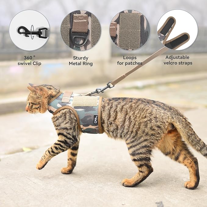 Tactical Kitty Harness and Leash for Walking Escape Proof Breathable Mesh Fabric, Jungle Camo, Small, Adjustable Cat Walking Jackets, Padded Stylish Cat Vest