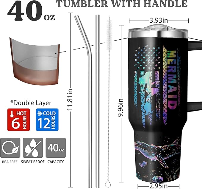 40 Oz Mermaid Tumbler with Handle and Straw, Double Wall Stainless Steel Mermaid Mug, Mermaid Cups Insulated Mermaid Coffee Mug, 40 Oz Leak Proof Mermaid Coffee Cup and Mermaid Gifts for Women