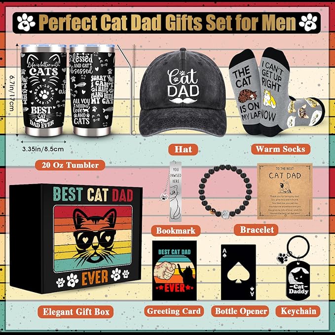 9 Pieces Cat Dad Gifts for Men, Cat Lover Gifts for Men with 20 Oz Tumbler Baseball Cap Socks Bracelet Keychain Bookmark Bottle Opener Greeting Card, Father’s Day, Birthday, Christmas Gift