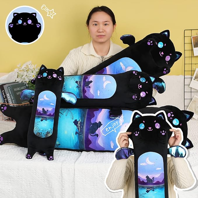 AIXINI Long Cat Plush Pillow Cartoon Cute Black Cat Stuffed Animals, Soft Kawaii Kitten Plushies Pillow Toy for Kids (Moonlight Black,35.4inch)