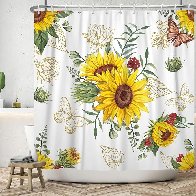 AWERT Vibrant Sunflower Shower Curtain for Bathroom,Waterproof Fabric Plants Shower Curtain with Hooks 72x72 inch