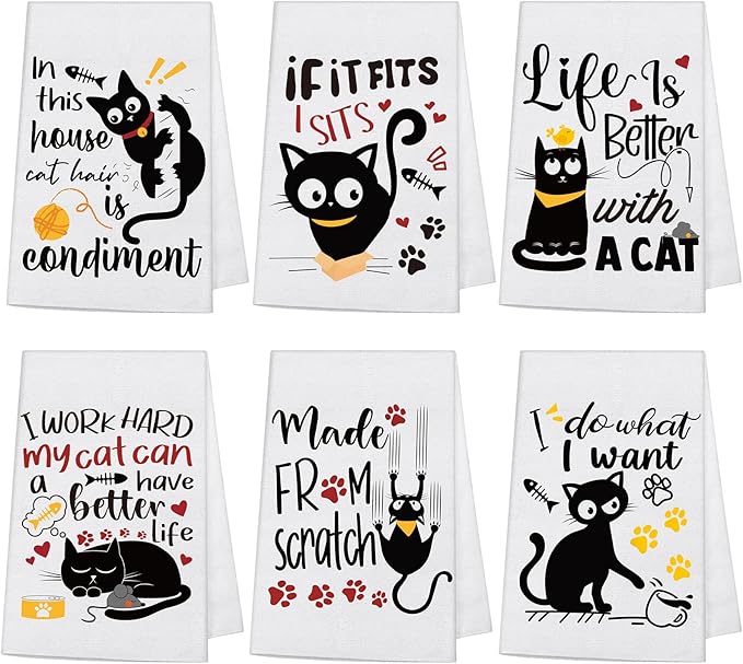 6 Pcs Cat Kitchen Dish Towels with Sayings, Cute Hand Towels for Cat Lover Halloween Housewarming Gifts