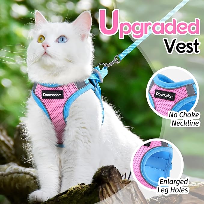 Dooradar Cat Harness and Leash Set, Escape Proof Lightweight Kitten Harness, Soft Breathable Reflective Vest for Outdoor Walking Traveling, Adjustable for Medium Cats, Pink & Blue, M