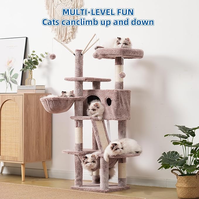 Hey-brother Cat Tree, 53 inch Cat Tower for Indoor Cats, Cat House with Padded Platform Bed, Toy Balls, Large Cozy Condo, Hammocks and Sisal Scratching Posts, Muchroom MPJ019-SMU