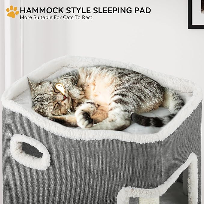 YIATHOME 2-Tier Cat House, Cat Beds for Indoor Cats, Small Cat Condo with Highway Cave, Scratch & Itching Post, Clmibing Stand, Modern Cat Cube Playhouse for Multi Kittens, Grey