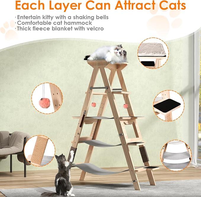 5.3 Fts Height Cat Climber 5 Tiers Cat Climbing Shelves with Hammocks - Multi-cat Family Gospel, Luxury Cat Climbing Tree for Cat Exercise and Relaxing, Top Soft Cat Bed for Far-Reaching Views