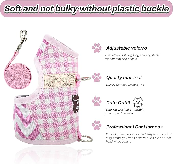 Cat Harness and Leash for Walking Escape Proof, Adjustable Cat Vest Harness, Padded Stylish Cat Walking Jackets, Pink Plaid, Large