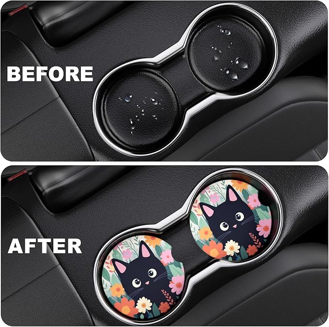 2 Pack Car Cup Holder Coaster, 2.63 inch Anti Slip Insert Absorbent Ceramic Car Coaster with Cork Base and Finger Notch, Cute Car Accessories Interior for Women, Cute Car Coasters., CH0025