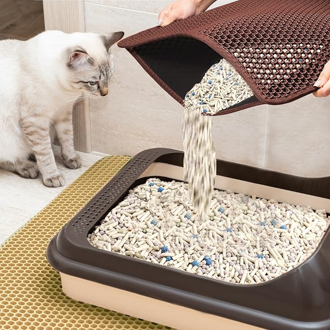 2025 𝗡𝗘𝗪 Waterproof Cat Litter Mat | Double Layer EVA, Odor-Free Large Grid | Urine Proof & Easy Cleanup | Soft on Paws | Versatile Design for Litter and Feeding (Brown, 18×25)