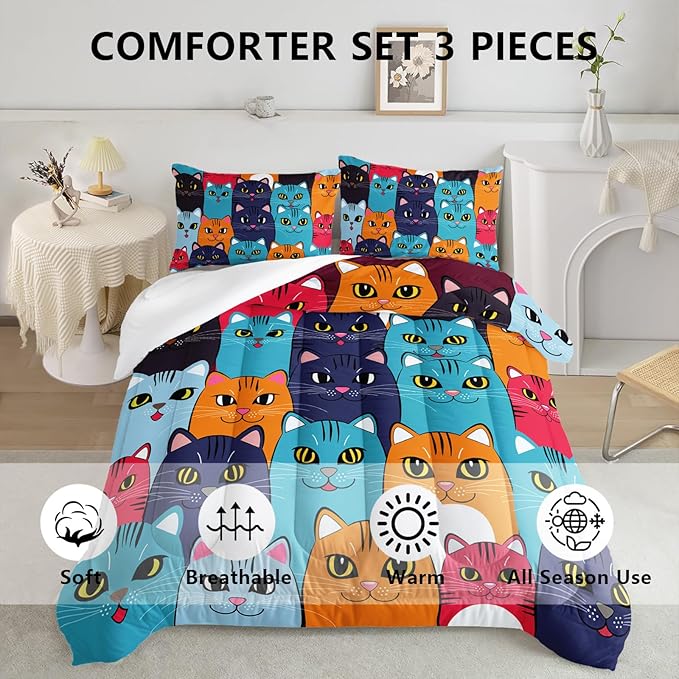 Axolotl Kids Cat Bedding Set, Twin Size, 3 Pcs (1 Comforter + 2 Pillow Cases), Multicolor, Cat Pattern