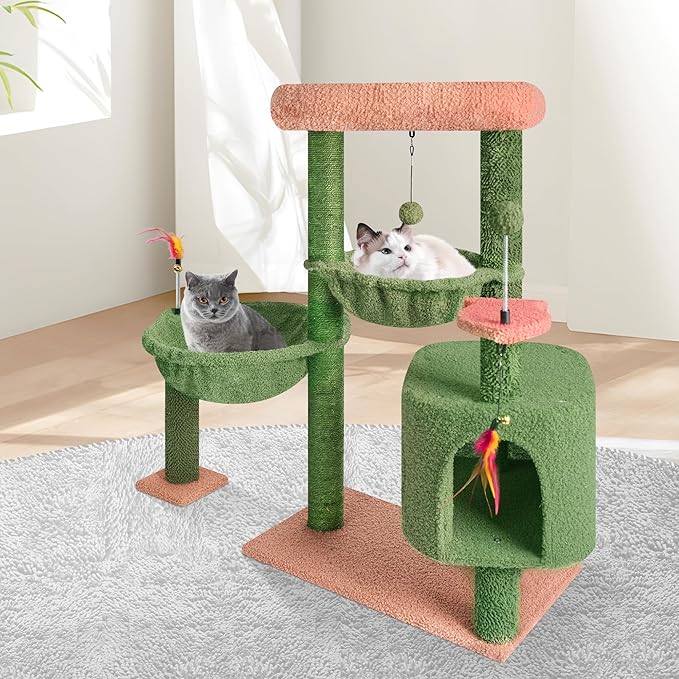 YOUPET 33.46" Cactus Cat Tree Tower with Cat Condo and Scratching Post for Indoor Cats, Activity Center Cat Furniture with Two Big Hammock and Spring Toy Balls, Green