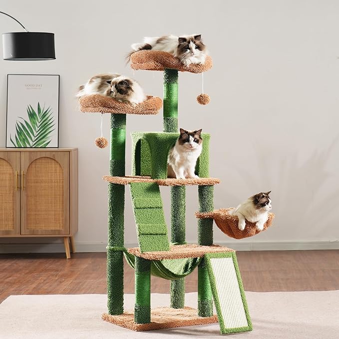 Heybly Cat Tree, Cactus Cat Tower for Indoor Cats,Multi-Level Cat Furniture Condo for Cats with Padded Plush Perch, Cozy Basket and Scratching Board HCT014CA
