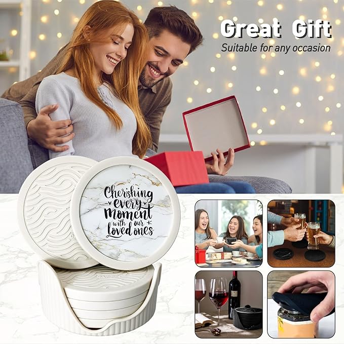 6-Pack Silicone Coasters with Deep Tray Holder - Double-Sided Drink Coasters - Beverage Mats for Hot or Cold Drinks - Thick, Non-Slip, Non-Stick Silicone with Ceramic Insert