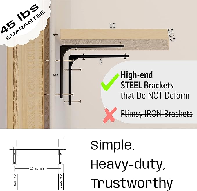 Cat Shelf Wall Furniture - 45-lb-tested-capacity Cat Shelf on Premium Heavy-duty Steel Brackets for Large Cats - 16.75 x 10 x 1 in Wood Cat Tree 2-stud-mounted Easy-drilling for Drywall 1 pc.
