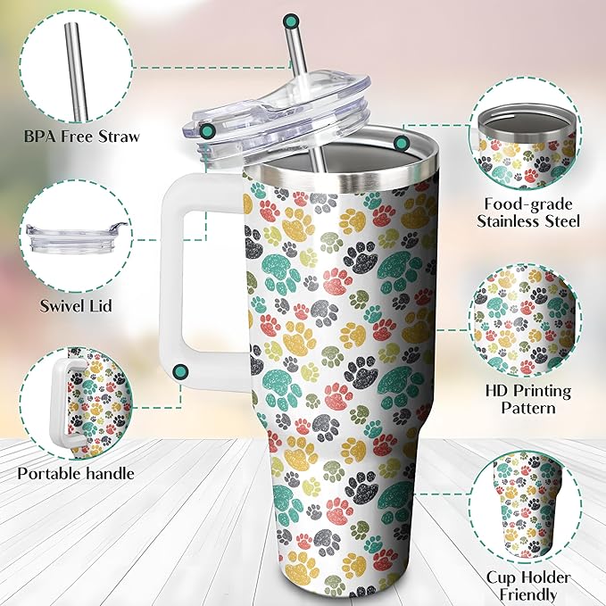 40 Oz Paw Print Tumbler With Handle and Straw, Double Wall Stainless Steel Cup, Insulated Coffee Mug for Cat Mom or Dad, Leak Proof Insulated Mug for Women Gifts