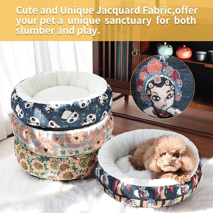 Circular Calming Dog & Cat Bed Anti-Anxiety Plush Dog Bed Washable Pet Bed with Anti Slip Backing Donut Cuddler with Cute Jacquard Patterns for Cat and Small Puppy 30" (Small, Beijing Opera)