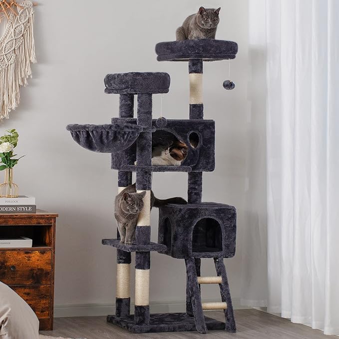 Heybly Cat Tree, Cat Tower for Indoor Cats,Multi-Level Cat Furniture Condo for Large Cats with 2 Padded Plush Perch, Cozy Basket and Scratching Posts HCT023G