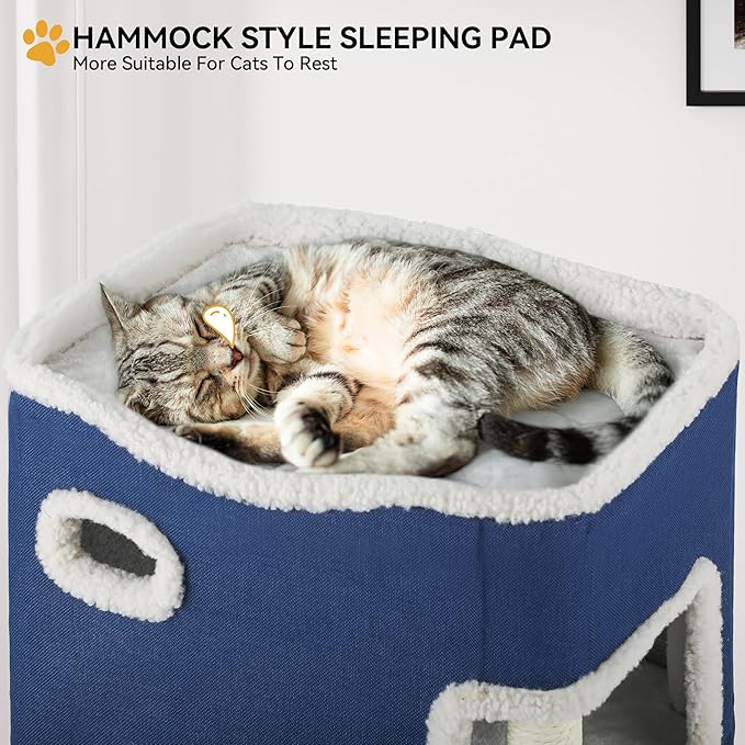 YITAHOME 2-Tier Cat House, Indoor Cat Cave Bed Playhouse, Cat Tunnels with Scratch Pad and Hideaway Cube, Cute Modern Cat Condo Furniture for Multi Small Cats, Cactus (Blue)