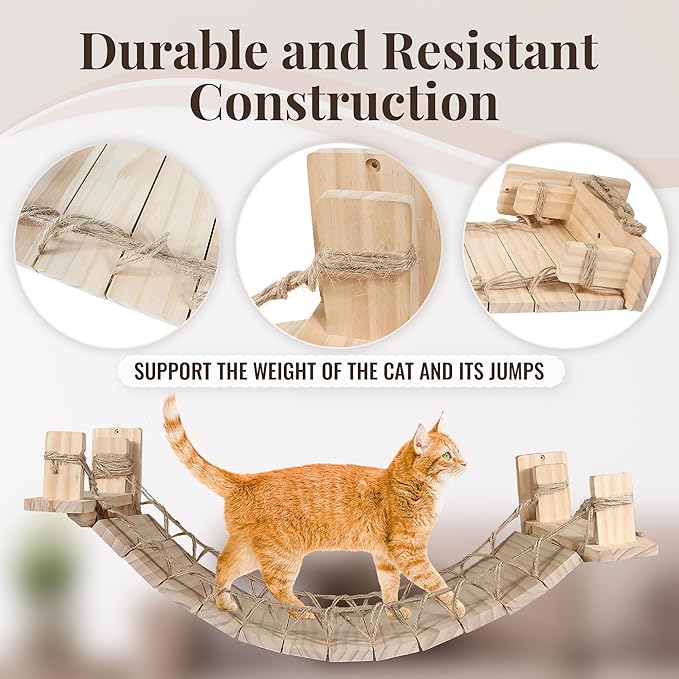 Cat Wall Shelves with Plush Perch - Easy Install - Cat Shelves for Wall Large Cats Set 3 in 1 - Perfect Furniture for cat Wall Climber - Includes Bed, Gym & Bridge