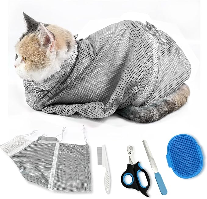 Adjustable Multifunctional Anti-Bite Shower net Bag，Cat Grooming Mesh Bag, Cat Bathing Bag，Cat Bath Brush and Cat Nail Clipper (A-Grey)