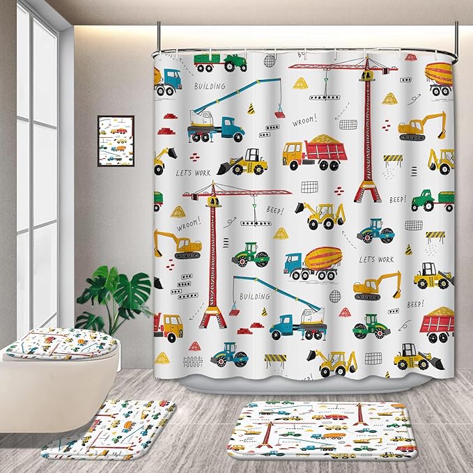4 Pcs Excavator Kids Shower Curtain Sets, Tractor Machinery Trucks, Construction Vehicle Shower Curtain for Boys, Bulldozer Crane Bath Curtain Equipment Truck Shower Curtain Set, 72x72in