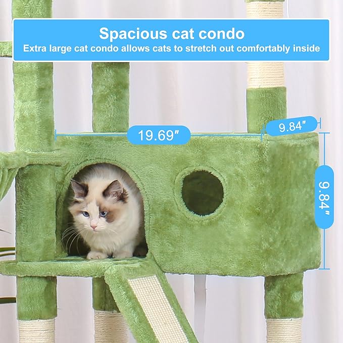 Hey-brother Cat Tree, 61 inch Cat Tower for Indoor Cats, Cat House with Padded Platform Bed, Toy Balls, Large Cozy Condo, Hammocks and Sisal Scratching Posts, Green MPJ019GR