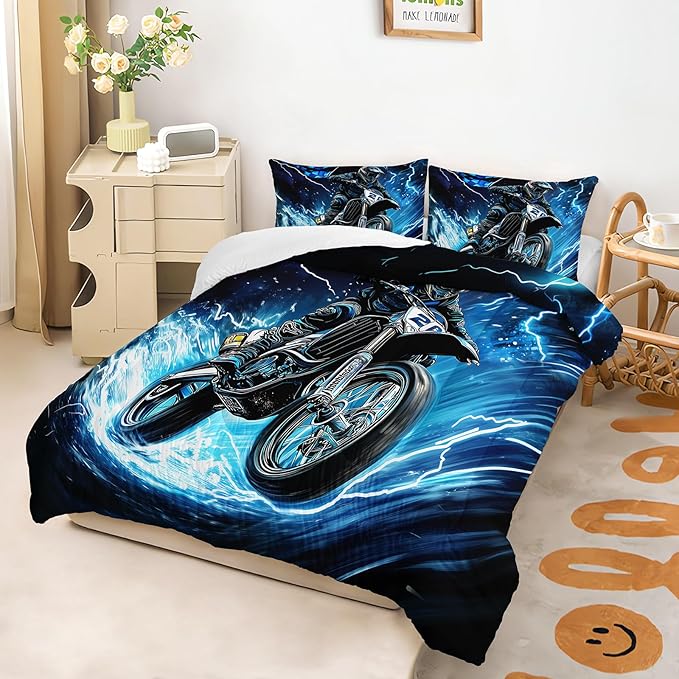AILONEN Boys Extreme Sport Dirt Bike Bedding Set Full Size, 3-Piece Blue Black Speed Motocross Comforter with 2 Pillowcases for Kids Men