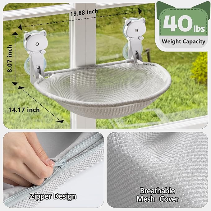 Cat Window Perch Cordless, Foldable & Stable Cat Beds- Breathable Cat Window Hammock for Overlooking, Sunbathing and Climbing - Maximum Hold Up to 40lb(Gray,Mesh)