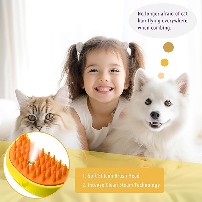 3 in 1 Self-Cleaning Steamer for Cats, Dogs, and Pets - Grooming Brush for Removing Tangled and Loose Fur (Yellow Banana)