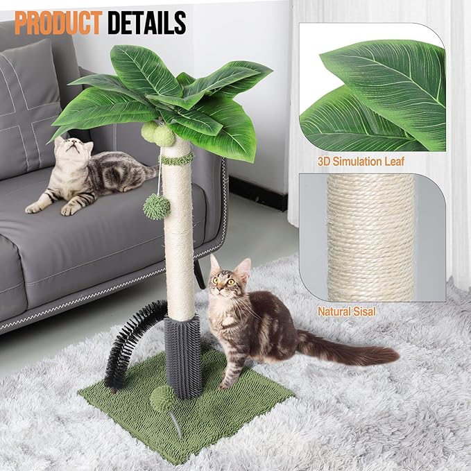Topmart 29.5” Tall Cat Scratching Post for Large Indoor Cats, Sisal Scratching Post with Self Groomer and 2 Dangling Balls,Green