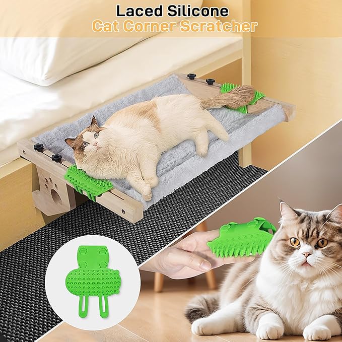 Cat Sill Window Perch Sturdy Cat Hammock Window Seat with Cat Self Groomer,Wood & Metal Frame for Large Cats,Easy to Adjust Cat Bed for Windowsill,Bedside