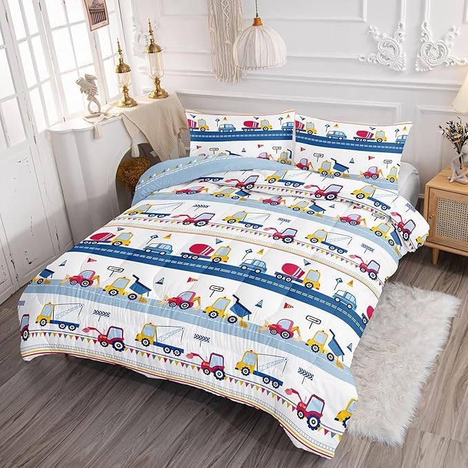 Axolotl Cartoon Car Kids Comforter Set Full,Construction Bedding Set Trucks Excavator Tractor Bed Set with 1 Quilt 2 Pillowcases for Boys Girls Teens Adults Bedroom Decor(Blue Red)