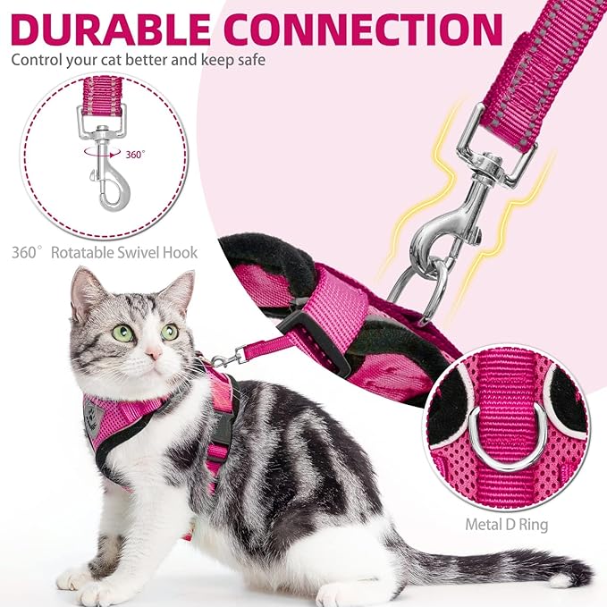 PUPTECK Cat Harness and Leash Set Escape Proof Reflective Cat Walking Harness Adjustable Soft Breathable Mesh Vest for Small Pets, Deep Pink, S