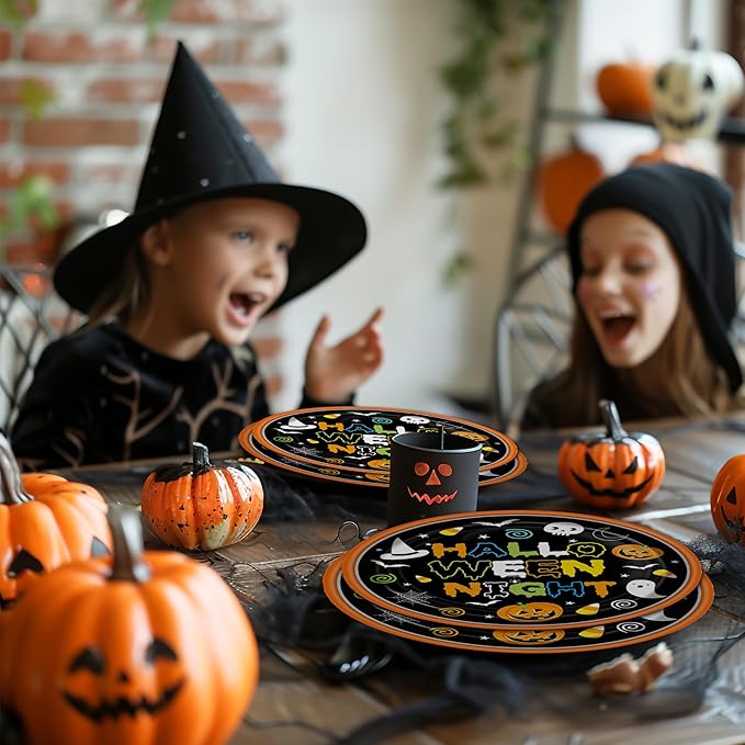 96 Pcs Halloween Paper Plates and Napkins Forks, Disposable Party Dessert Tableware Supplies Decorations Birthday Table Dinnerware Favors Set, Serves 24