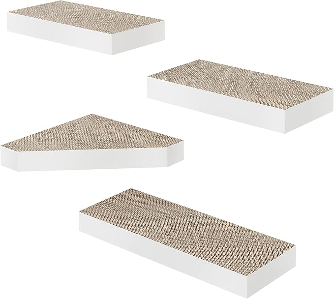 Way Basics Premium Cat Scratcher Floating Wall Shelf (4 Pack) (White)