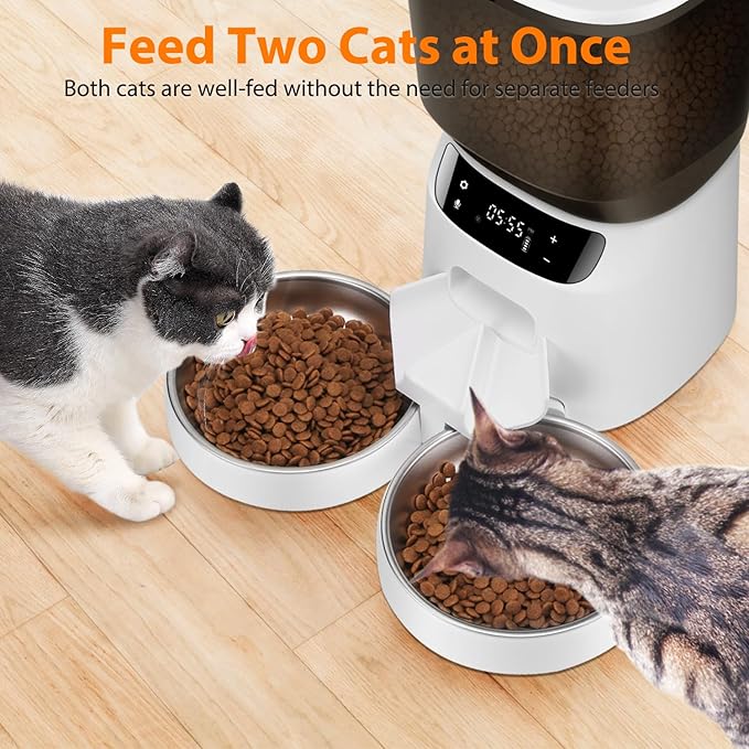 Automatic Cat Feeders for Two Cats, 5L/20 Cups Double Automatic Cat Food Dispenser with 2 Stainless Bowls, Timer Setting 20 Portions 6 Meals Per Day, 10s Meal Call, Pet Feeder for Cat