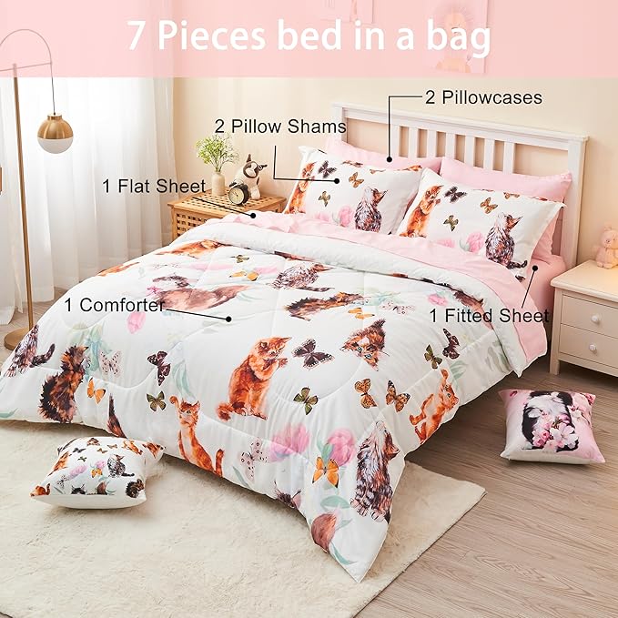 7 Piece Cat Comforter Set Queen Size, Bed in A Bag Cute Kitty Butterfly and Flowers Comforter Set for All Season(1 Comforter,2 Pillow Shams,1 Flat Sheet,1 Fitted Sheet,2 Pillowcases)