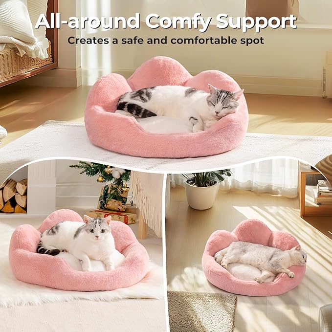 MEWOOFUN Cat Bed for Indoor Cats, Fluffy Cat Couch Bed Washable, Round Cute Pink Cat Sofa with Non-Slip Bottom, Pet Bed for Puppy and Kitten(Pink, 23")